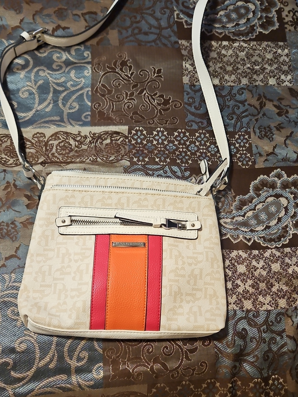 Dana Buchman Cream Crossbody with Pink and Orange Stripes